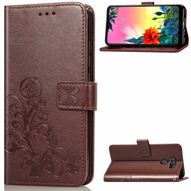 For LG K50S Four-leaf Clasp Embossed Buckle Mobile Phone Protection Leather Case with Lanyard & Card Slot & Wallet & Bracket Function