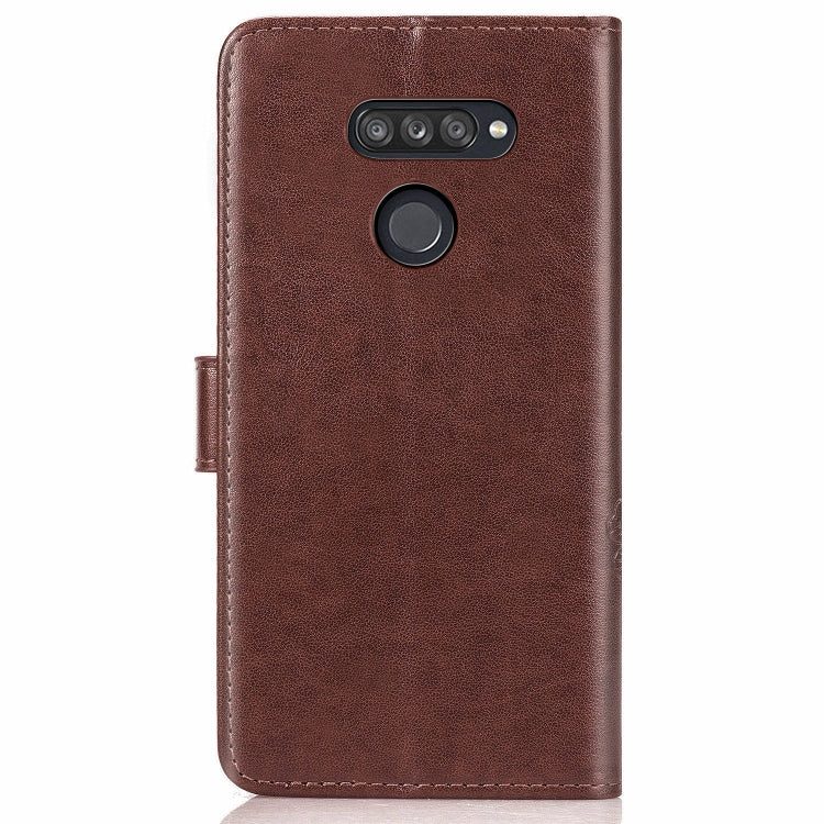 For LG K50S Four-leaf Clasp Embossed Buckle Mobile Phone Protection Leather Case with Lanyard & Card Slot & Wallet & Bracket Function