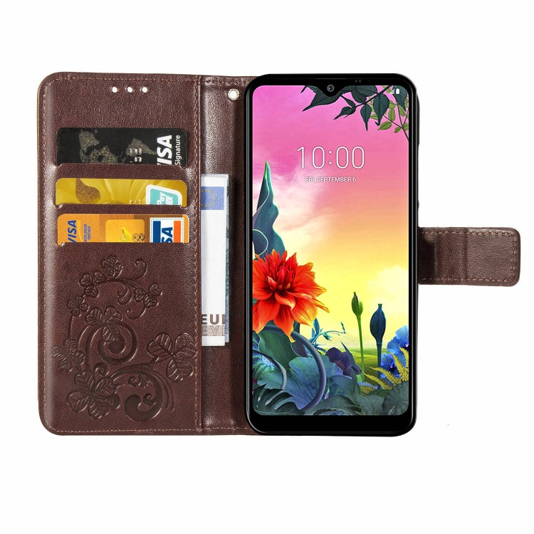 For LG K50S Four-leaf Clasp Embossed Buckle Mobile Phone Protection Leather Case with Lanyard & Card Slot & Wallet & Bracket Function