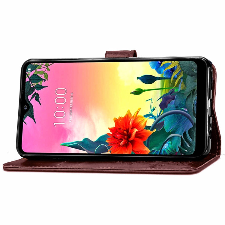 For LG K50S Four-leaf Clasp Embossed Buckle Mobile Phone Protection Leather Case with Lanyard & Card Slot & Wallet & Bracket Function