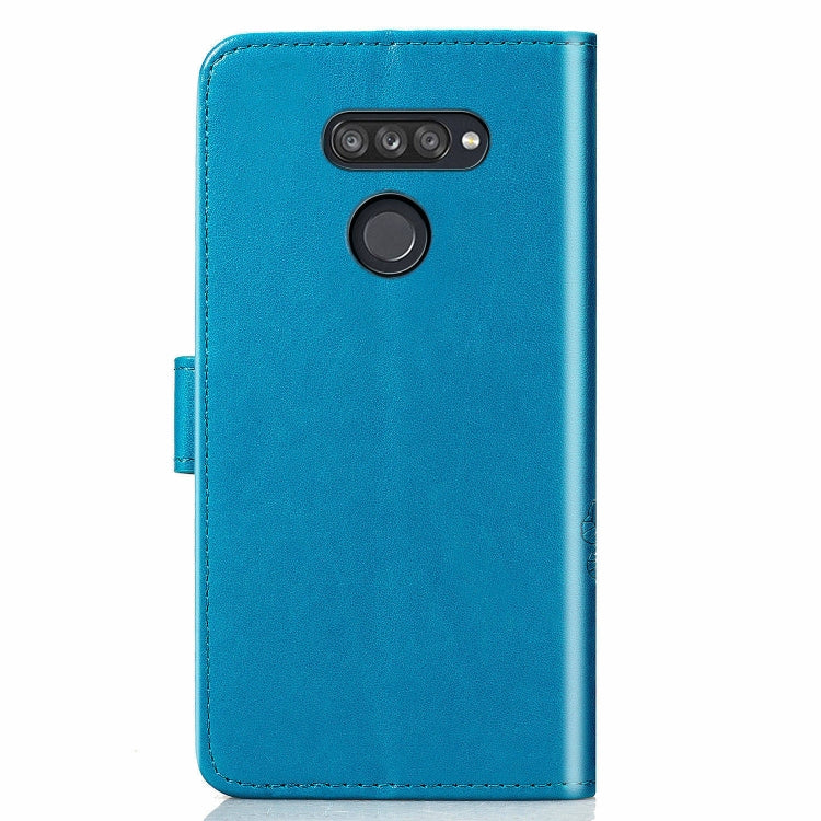 For LG K50S Four-leaf Clasp Embossed Buckle Mobile Phone Protection Leather Case with Lanyard & Card Slot & Wallet & Bracket Function