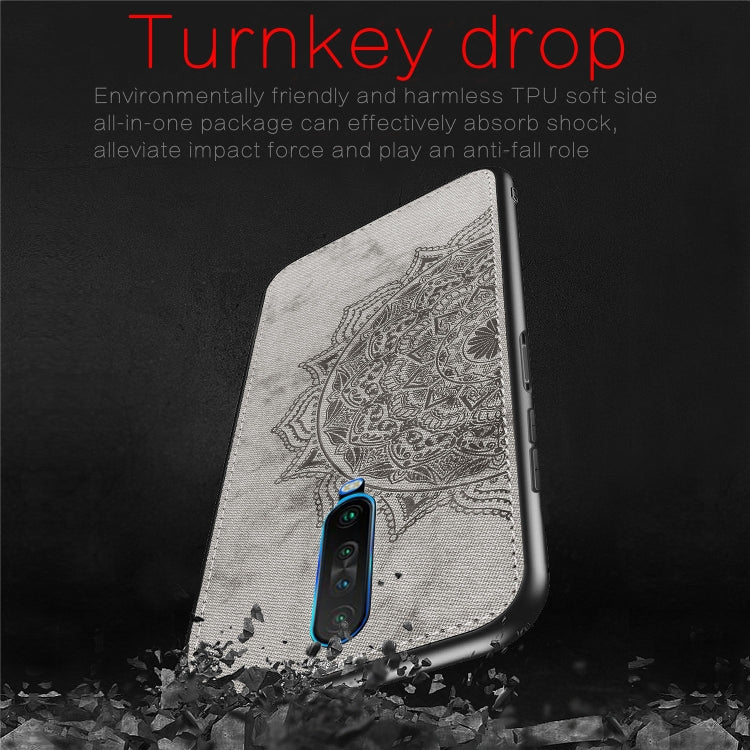 For Xiaomi Redmi K30 Mandala Embossed Cloth Cover PC + TPU Mobile Phone Case with Magnetic Function and Hand Strap