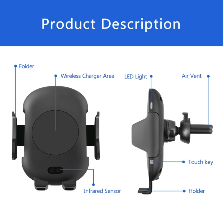 Infrared Induction Car Wireless Charger Dual Legs Air Outlet Holder for iPhone 11 / 11 Pro / 11 Pro Max / X / XR / 8 / 8 Plus, Galaxy S20 / S20+ / S10 / S9 / S8 / S7