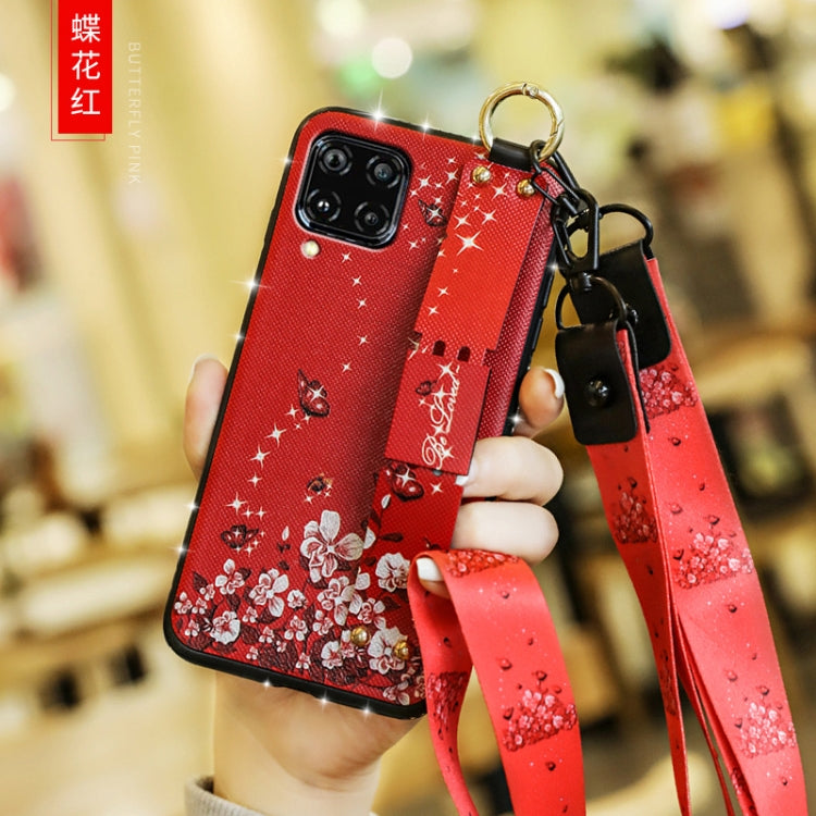 For Huawei Nova 6 SE Floral Cloth Pattern Shockproof TPU Case with Holder & Wrist Strap & Neck Lanyard