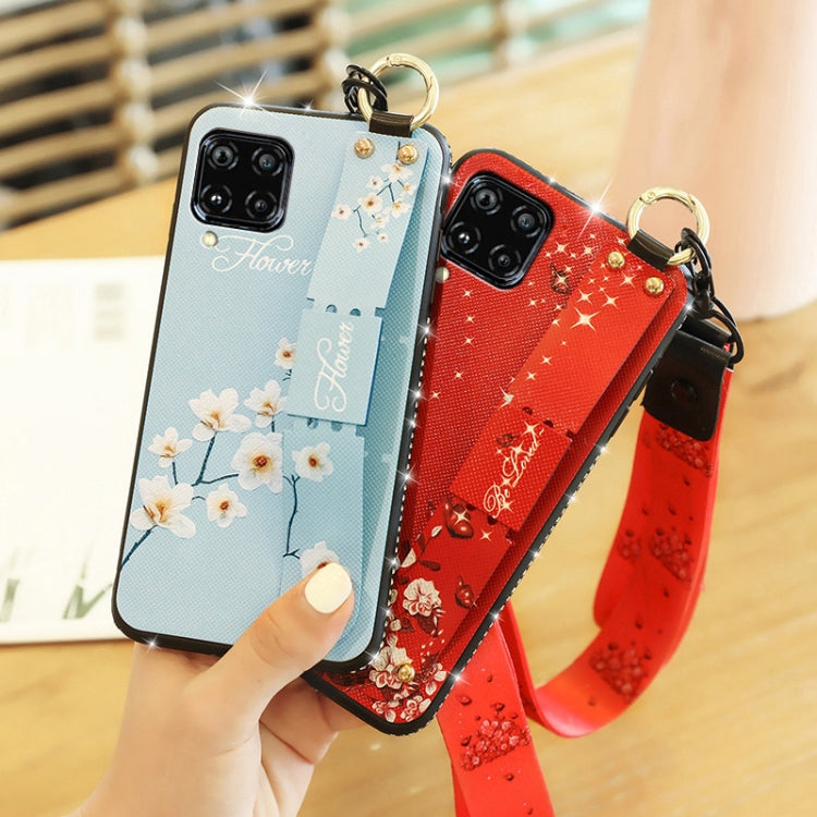 For Huawei Nova 6 SE Floral Cloth Pattern Shockproof TPU Case with Holder & Wrist Strap & Neck Lanyard