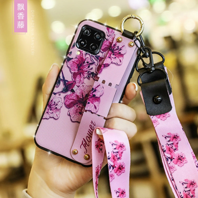 For Huawei Nova 6 SE Floral Cloth Pattern Shockproof TPU Case with Holder & Wrist Strap & Neck Lanyard