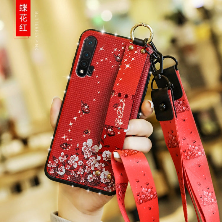 For Huawei Nova 6 Floral Cloth Pattern Shockproof TPU Case with Holder & Wrist Strap & Neck Lanyard