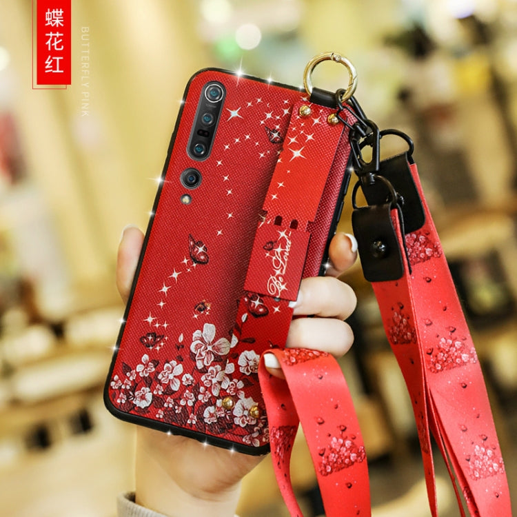 For Xiaomi Mi 10 Pro Floral Cloth Pattern Shockproof TPU Case with Holder & Wrist Strap & Neck Lanyard