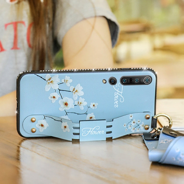 For Xiaomi Mi 10 Pro Floral Cloth Pattern Shockproof TPU Case with Holder & Wrist Strap & Neck Lanyard