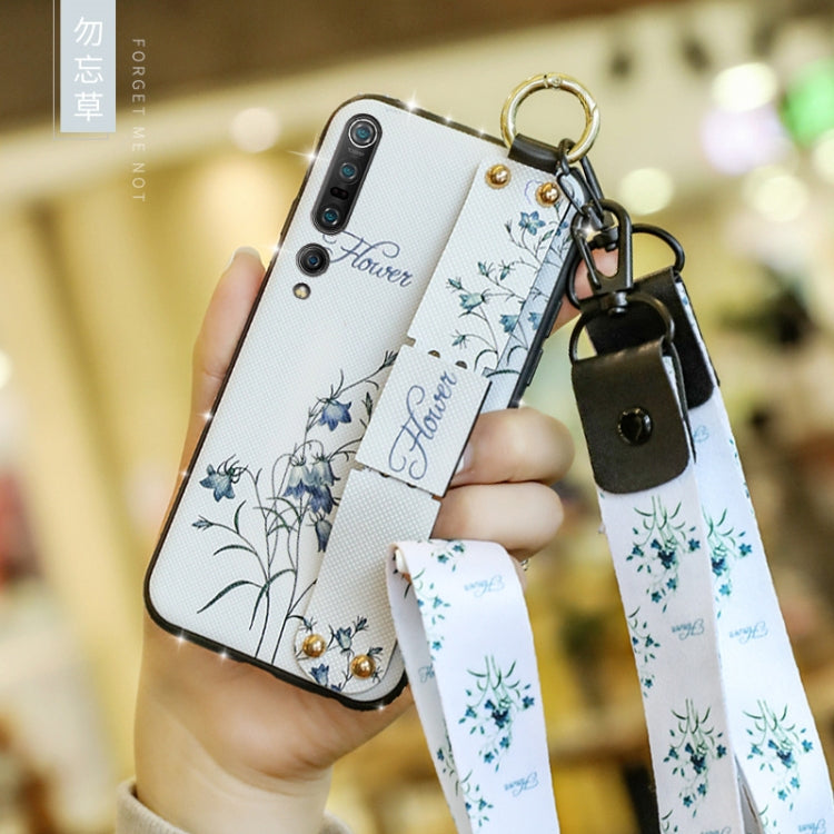 For Xiaomi Mi 10 Floral Cloth Pattern Shockproof TPU Case with Holder & Wrist Strap & Neck Lanyard