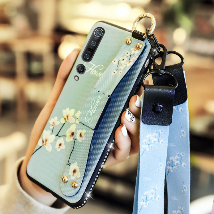 For Xiaomi Mi 10 Floral Cloth Pattern Shockproof TPU Case with Holder & Wrist Strap & Neck Lanyard