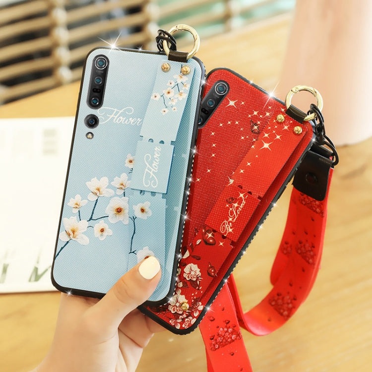 For Xiaomi Mi 10 Floral Cloth Pattern Shockproof TPU Case with Holder & Wrist Strap & Neck Lanyard