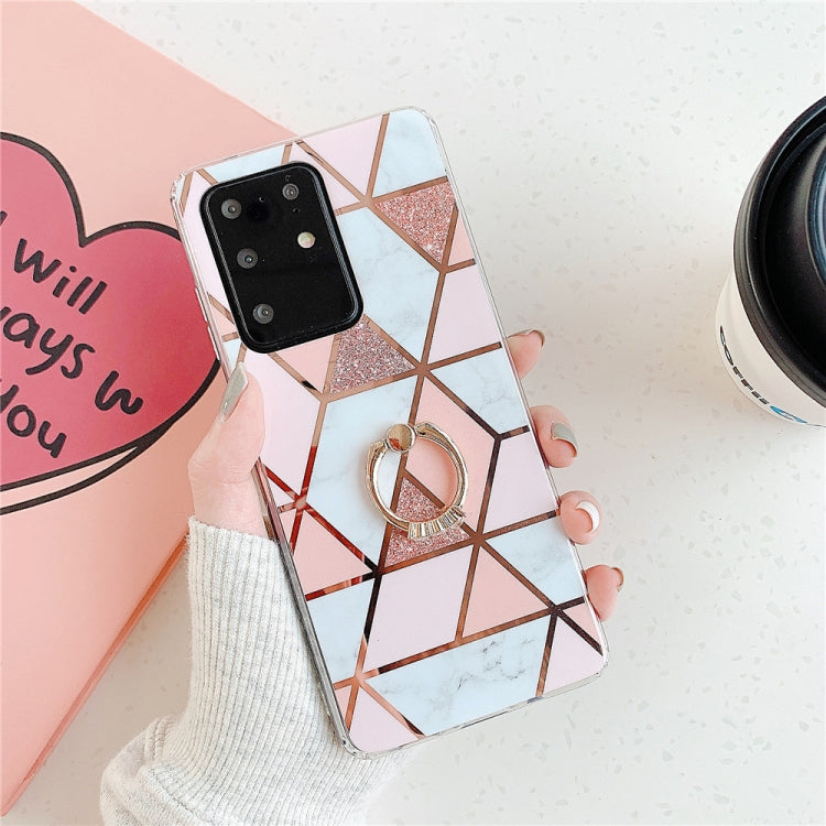 For Huawei P40 Plating Colorful Geometric Pattern Mosaic Marble TPU Mobile Phone Case Rhinestone Stand Ring