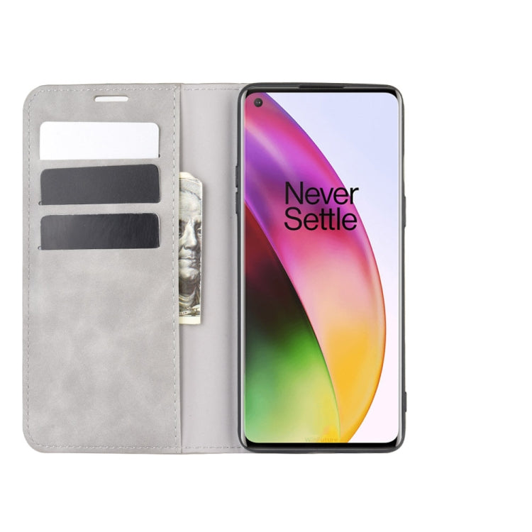 For OnePlus 8 Retro-skin Business Magnetic Suction Leather Case with Holder & Card Slots & Wallet