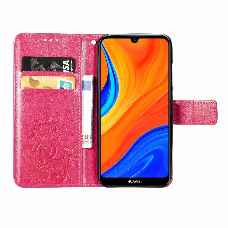 For Huawei Y6s (2019) Four-leaf Clasp Embossed Buckle PU Leather Case with Lanyard & Card Slot & Wallet & Holder