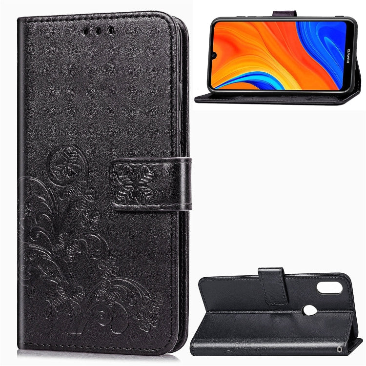 For Huawei Y6s (2019) Four-leaf Clasp Embossed Buckle PU Leather Case with Lanyard & Card Slot & Wallet & Holder