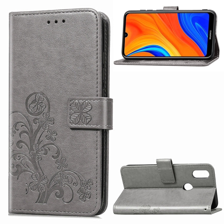 For Huawei Y6s (2019) Four-leaf Clasp Embossed Buckle PU Leather Case with Lanyard & Card Slot & Wallet & Holder