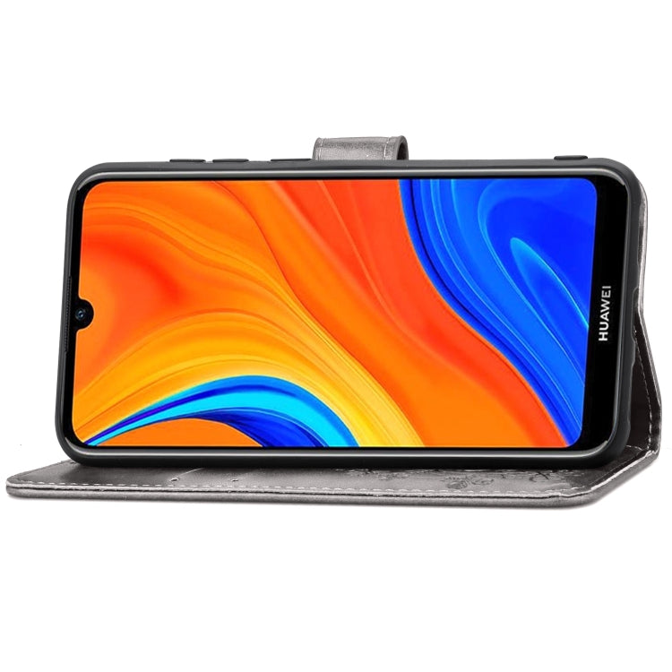 For Huawei Y6s (2019) Four-leaf Clasp Embossed Buckle PU Leather Case with Lanyard & Card Slot & Wallet & Holder