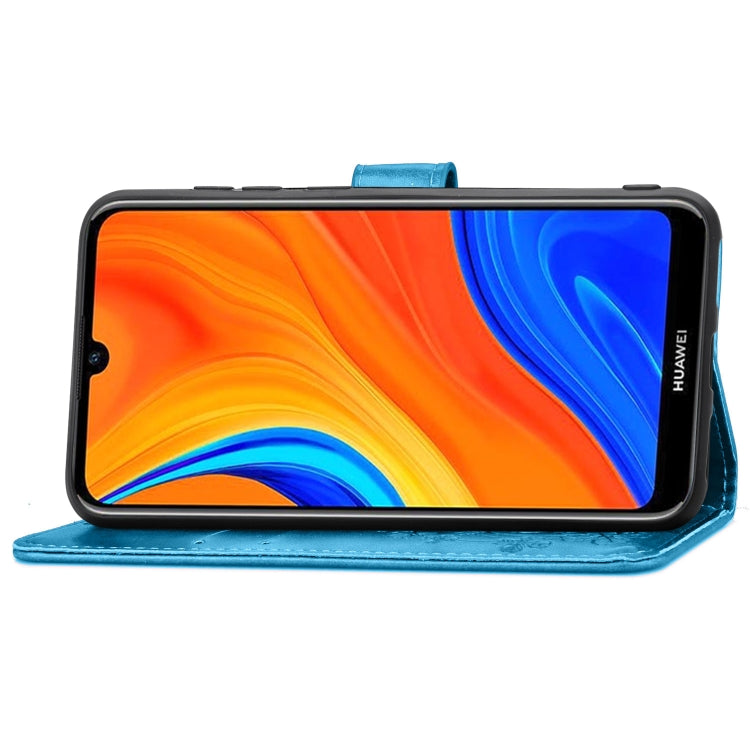 For Huawei Y6s (2019) Four-leaf Clasp Embossed Buckle PU Leather Case with Lanyard & Card Slot & Wallet & Holder