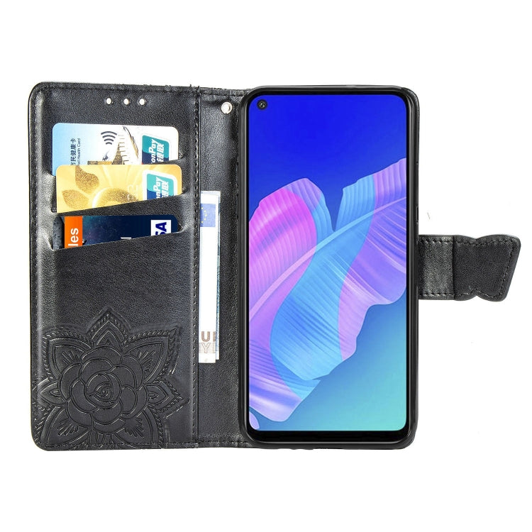 For Huawei Y7P Butterfly Love Flower Embossed Horizontal Flip Leather Case with Bracket / Card Slot / Wallet / Lanyard