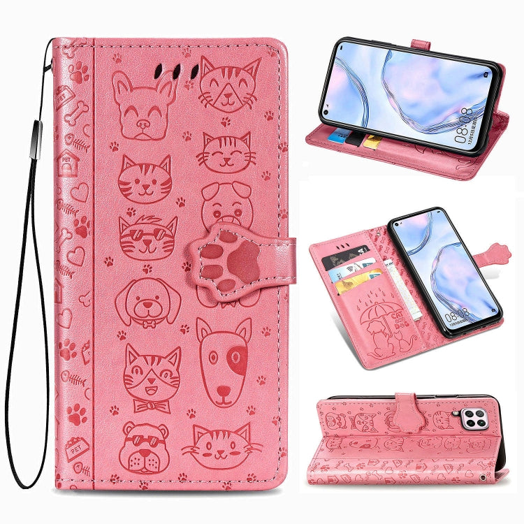 For Huawei P40 Lite/Nova 7i/Nova 6se Cute Cat and Dog Embossed Horizontal Flip Leather Case with Bracket / Card Slot / Wallet / Lanyard