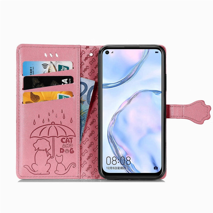 For Huawei P40 Lite/Nova 7i/Nova 6se Cute Cat and Dog Embossed Horizontal Flip Leather Case with Bracket / Card Slot / Wallet / Lanyard