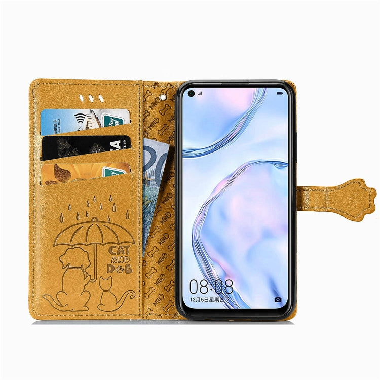 For Huawei P40 Lite/Nova 7i/Nova 6se Cute Cat and Dog Embossed Horizontal Flip Leather Case with Bracket / Card Slot / Wallet / Lanyard