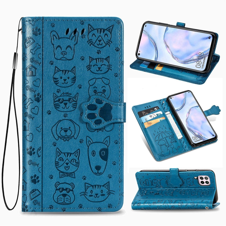 For Huawei P40 Lite/Nova 7i/Nova 6se Cute Cat and Dog Embossed Horizontal Flip Leather Case with Bracket / Card Slot / Wallet / Lanyard