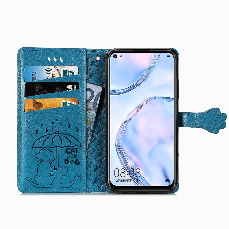 For Huawei P40 Lite/Nova 7i/Nova 6se Cute Cat and Dog Embossed Horizontal Flip Leather Case with Bracket / Card Slot / Wallet / Lanyard