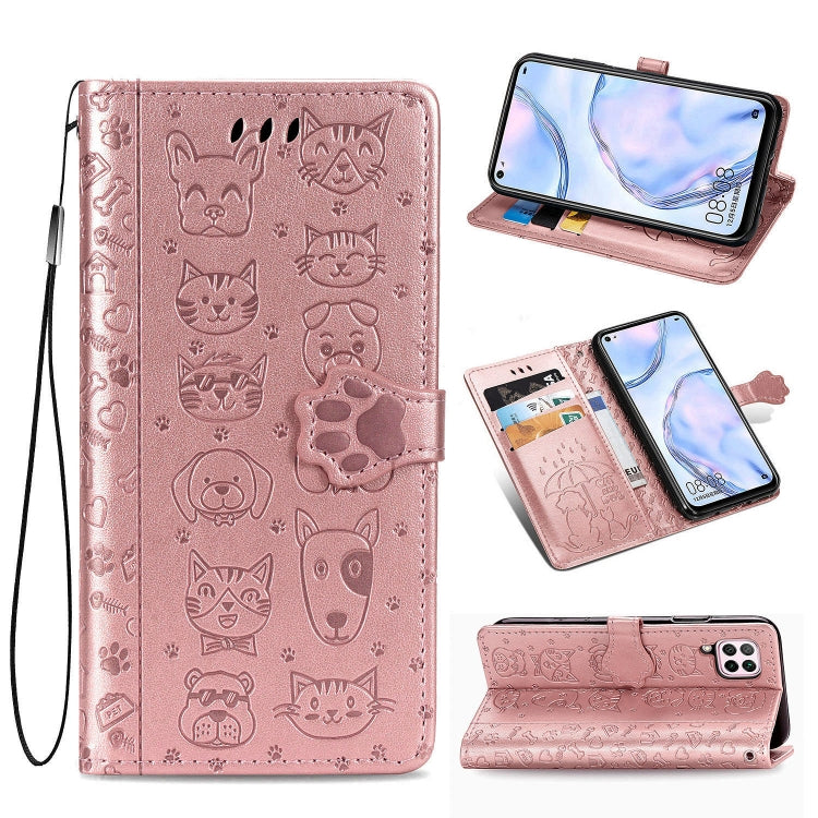 For Huawei P40 Lite/Nova 7i/Nova 6se Cute Cat and Dog Embossed Horizontal Flip Leather Case with Bracket / Card Slot / Wallet / Lanyard