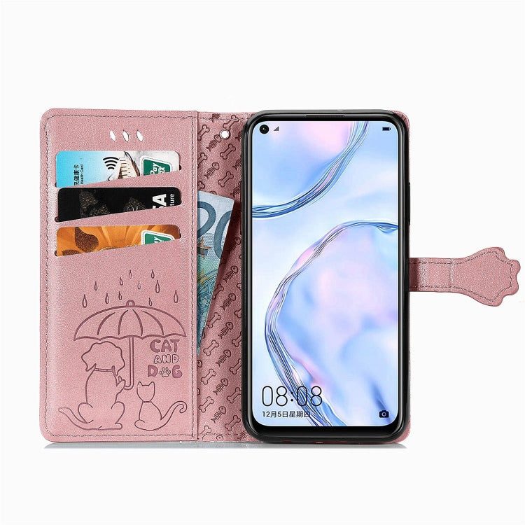 For Huawei P40 Lite/Nova 7i/Nova 6se Cute Cat and Dog Embossed Horizontal Flip Leather Case with Bracket / Card Slot / Wallet / Lanyard
