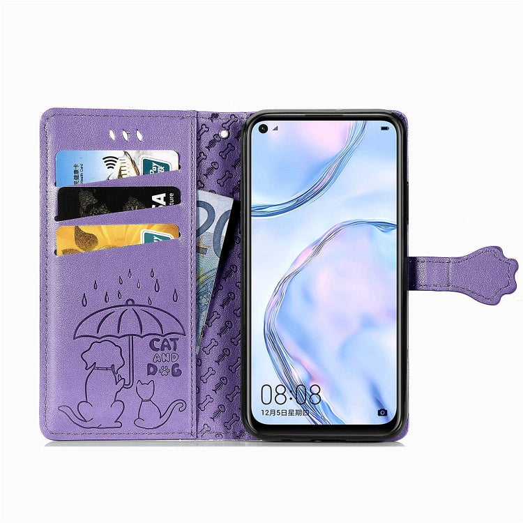 For Huawei P40 Lite/Nova 7i/Nova 6se Cute Cat and Dog Embossed Horizontal Flip Leather Case with Bracket / Card Slot / Wallet / Lanyard