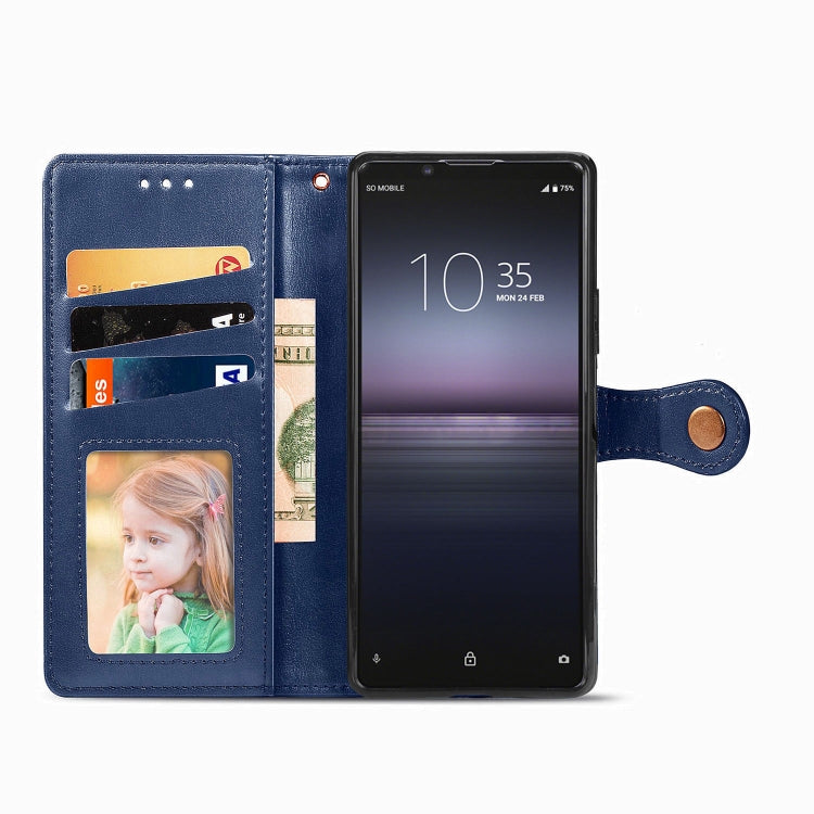 For Sony Xperia 1 II Retro Solid Color Leather Buckle Phone Case with Lanyard & Photo Frame & Card Slot & Wallet & Stand Function