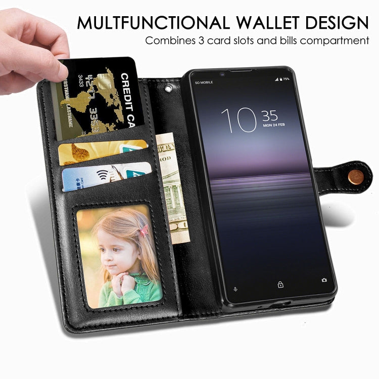 For Sony Xperia 1 II Retro Solid Color Leather Buckle Phone Case with Lanyard & Photo Frame & Card Slot & Wallet & Stand Function