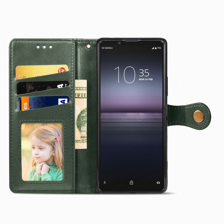For Sony Xperia 1 II Retro Solid Color Leather Buckle Phone Case with Lanyard & Photo Frame & Card Slot & Wallet & Stand Function