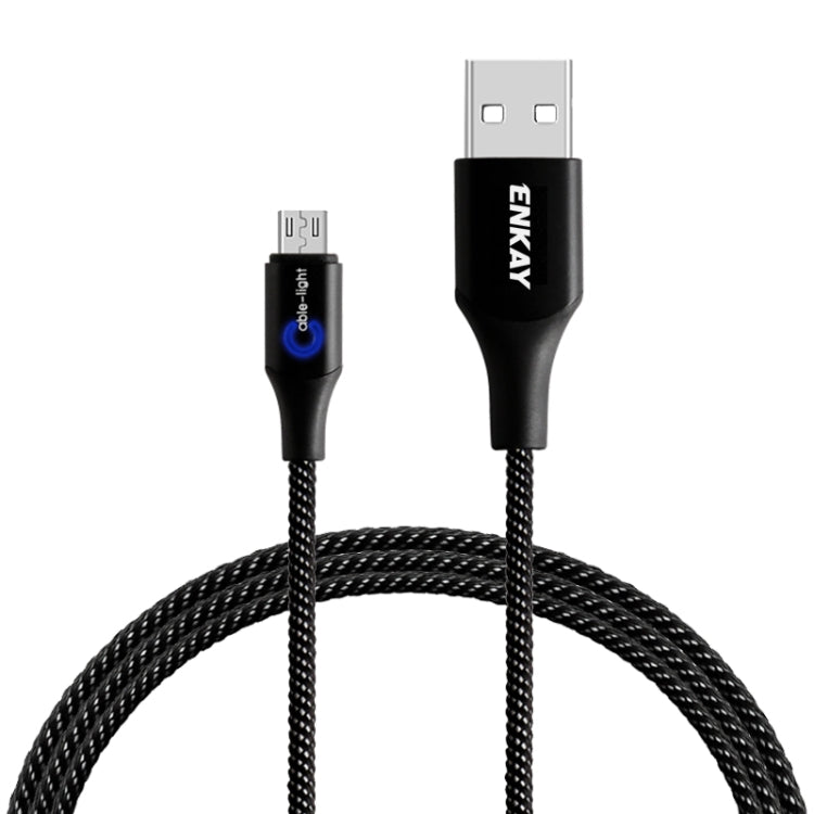 ENKAY ENK-CB304 2.4A USB to Micro USB Nylon Weaving Data Transfer Charging Cable with Intelligent Light, Length: 1m(Black)