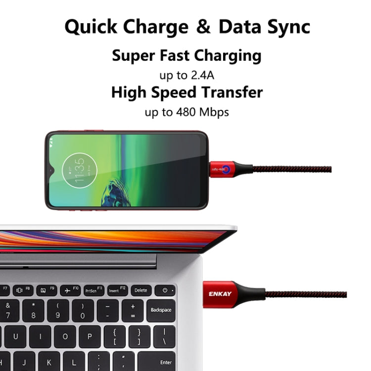 ENKAY ENK-CB304 2.4A USB to Micro USB Nylon Weaving Data Transfer Charging Cable with Intelligent Light, Length: 1m(Black)