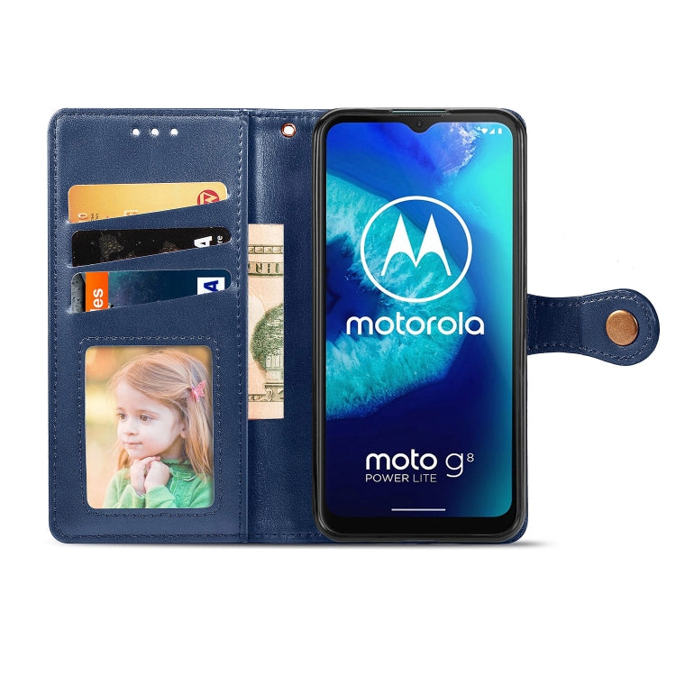 For Moto G8 Power Lite Retro Solid Color Leather Buckle Phone Case with Lanyard & Photo Frame & Card Slot & Wallet & Stand Function