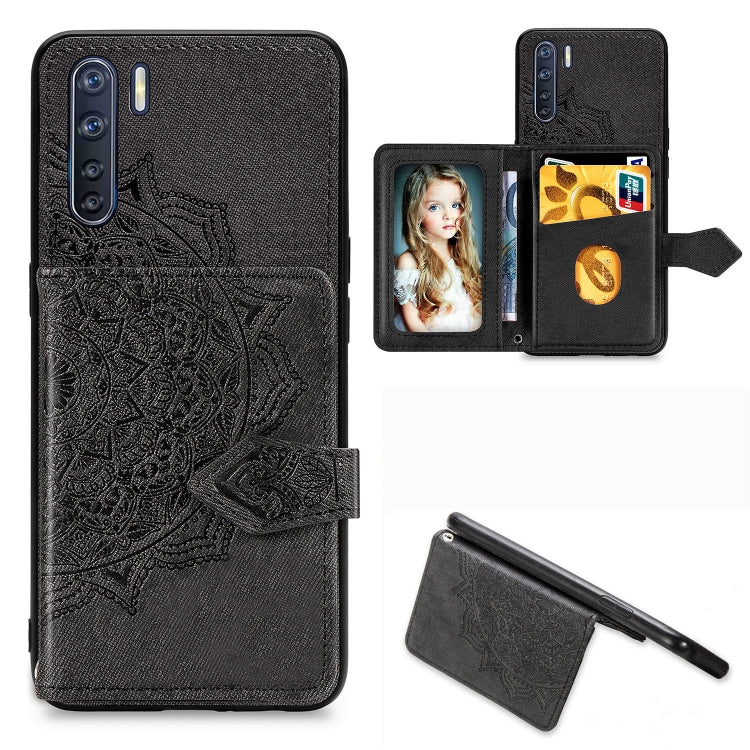 For OPPO A91/F15/Reno 3 Mandala Embossed Magnetic Cloth PU + TPU + PC Case with Holder & Card Slots & Wallet & Photo Frame & Strap