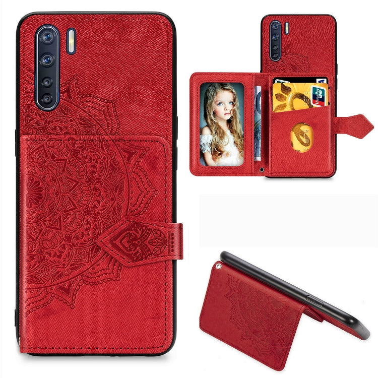 For OPPO A91/F15/Reno 3 Mandala Embossed Magnetic Cloth PU + TPU + PC Case with Holder & Card Slots & Wallet & Photo Frame & Strap