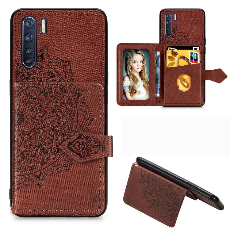 For OPPO A91/F15/Reno 3 Mandala Embossed Magnetic Cloth PU + TPU + PC Case with Holder & Card Slots & Wallet & Photo Frame & Strap