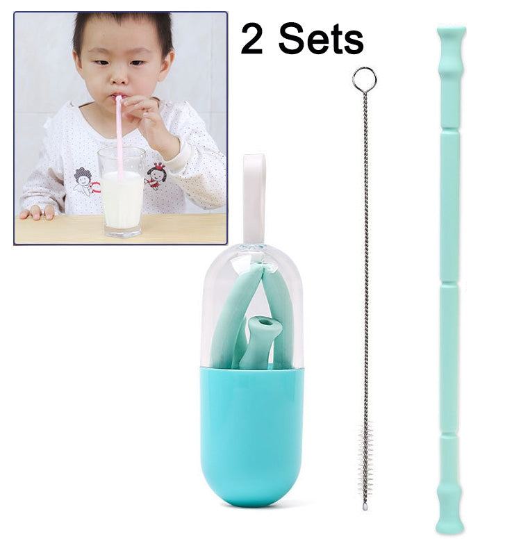 2 Sets Foldable Silicone Straw with Carrying Case & Cleaning Brush, Random Color Delivery