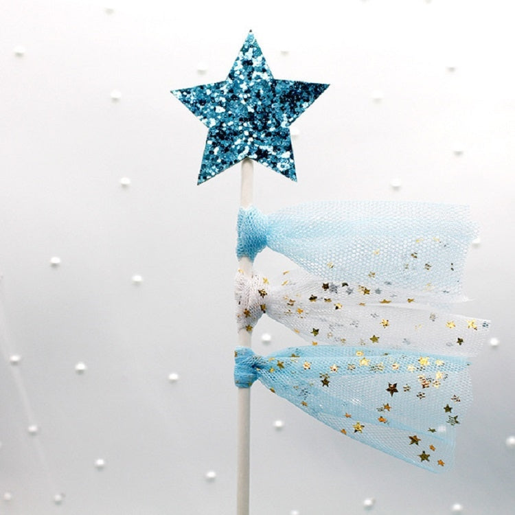 5 PCS Net Yarn Tassels Pentacle Cake Decoration Creative Dessert Table Inserted Card Parties(Blue Yarn Blue Star)