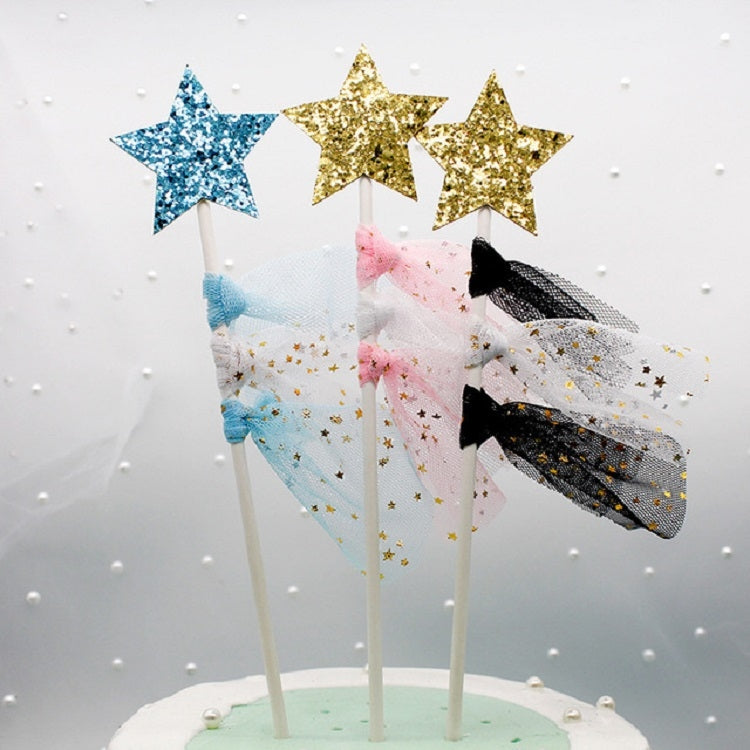 5 PCS Net Yarn Tassels Pentacle Cake Decoration Creative Dessert Table Inserted Card Parties(Blue Yarn Blue Star)