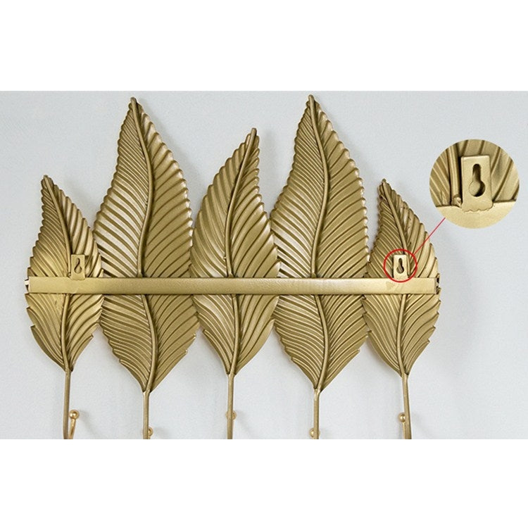 Living Room Creative Golden Leaf Hook Porch Hanging Wall Decoration Mural Pendant, Style:5 Rows