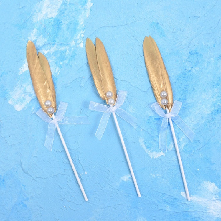 10 PCS Pearl Golden Feathers Plugin Birthday Wedding Dessert Table Decoration Inserted Card