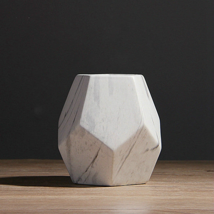 Marbled Geometric Shaped Ceramic Flower Vase Desk Tabletop Holder Home Office Decoration, Size:Medium