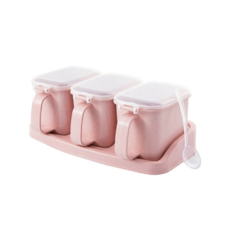Wheat Straw Seasoning Box Pepper Spice Shaker Salt Seasoning Transparent PP Kitchen Cruet Condiment Bottle Jars Storage Box, Color:Three grid pink