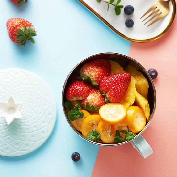 Simple Pineapple Pattern Stainless Steel Instant Noodle Bowl Thickened Anti-scald Student Tableware with Lid & Spoon