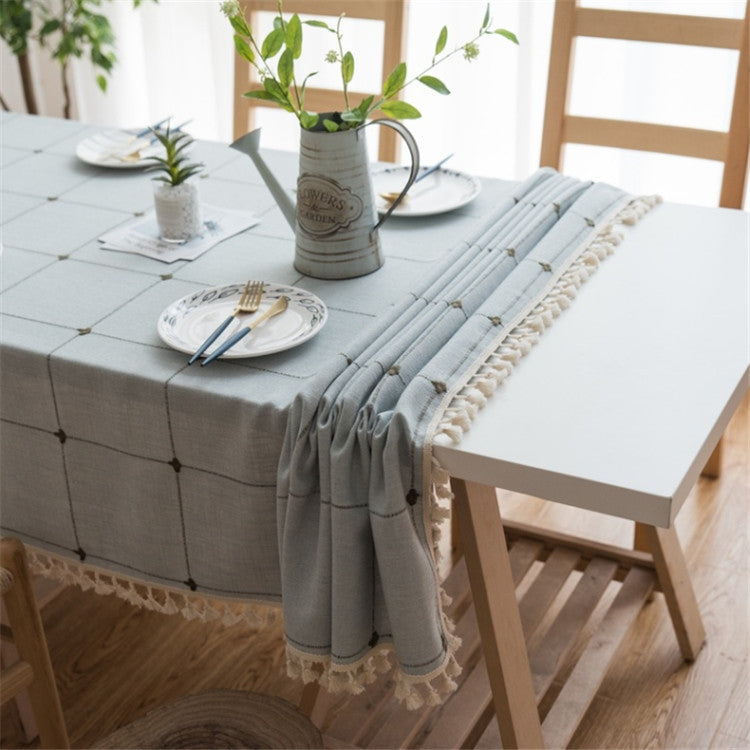 Square Lattice Embroidered Tablecloth Pure Color Cotton Linen Tassel Rectangular Coffee Table Mat, Size:90x90cm